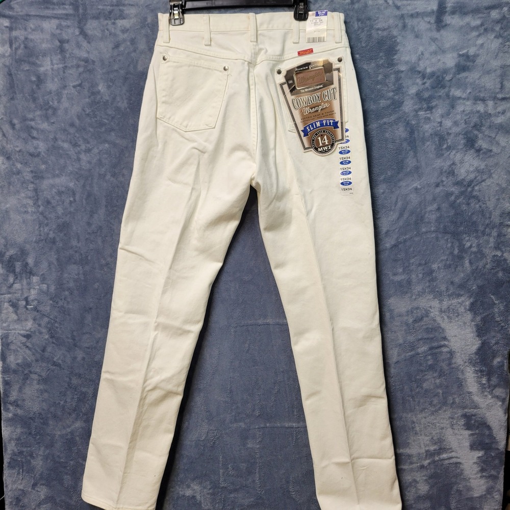 Wrangler Cowboy Cut Slim Fit Jeans Mens 15x34 White Denim Pants‎ NWT USA Western